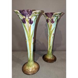 Delphin Massier. Pair Of Large Vases With Irises