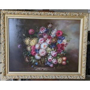 Très Grand Tableau Bouquet De Fleurs Dans Un Panier Tressé