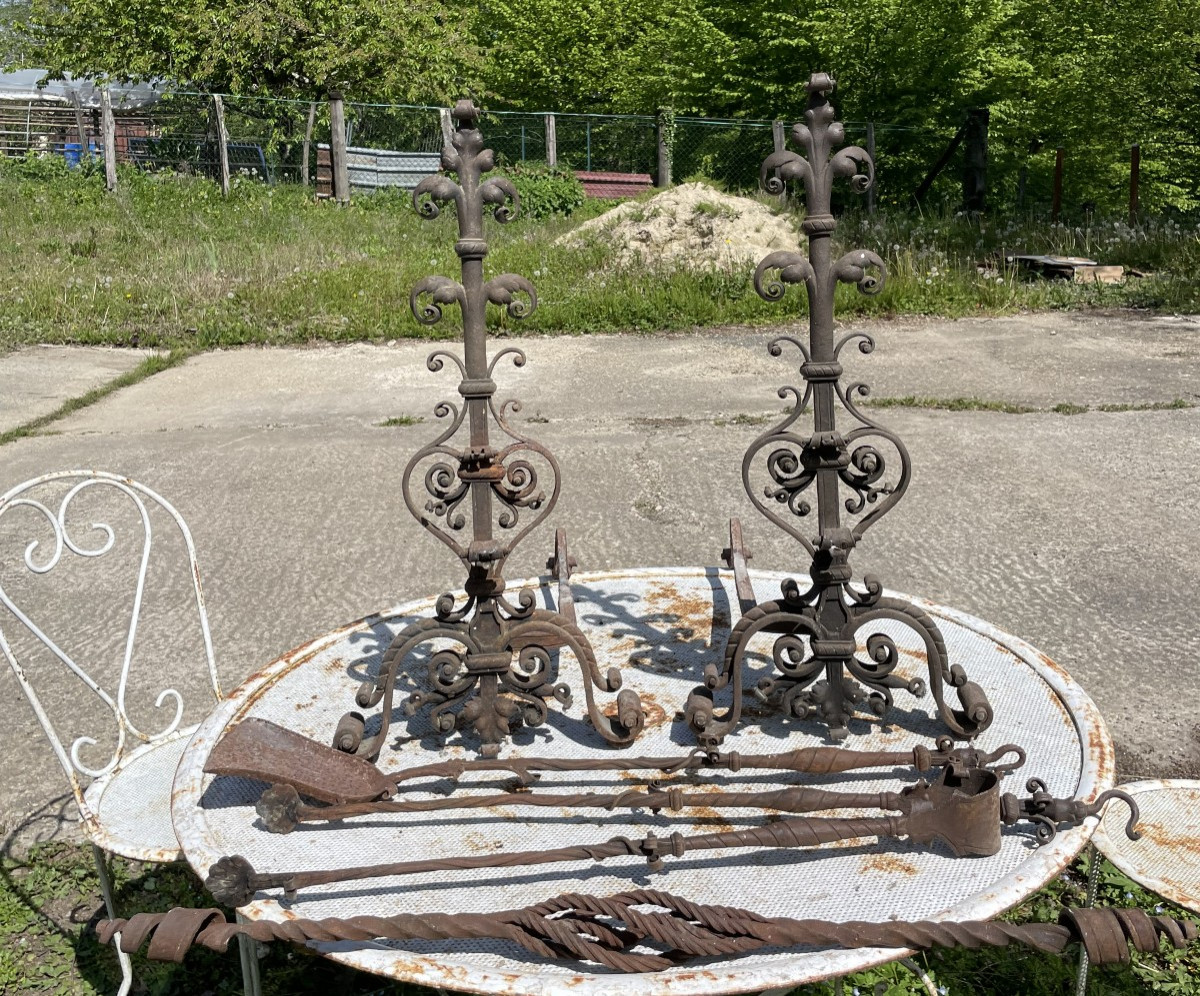 2 19th Century Andirons And Tools Signed Ferdinand Marrou