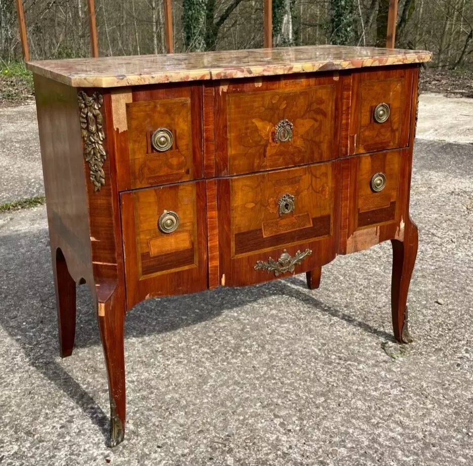 Louis XV-xvi Style Chest Of Drawers In Walnut And Marble To Be Restored-photo-3