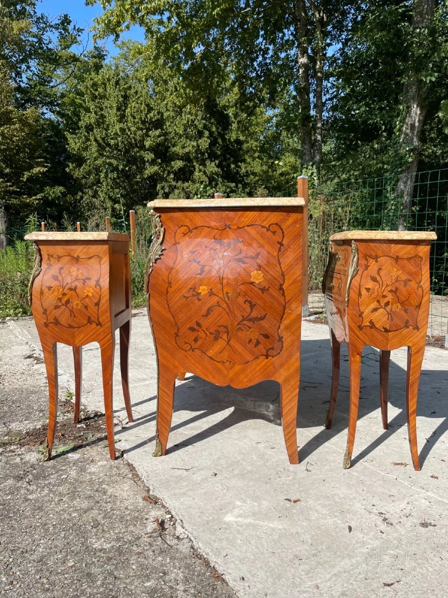 Commode et 2 Chevets Style Louis XV En Très Bon état- Parfaite  Marqueterie -photo-5