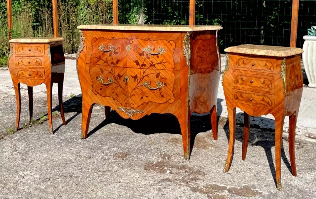 Commode et 2 Chevets Style Louis XV En Très Bon état- Parfaite  Marqueterie 
