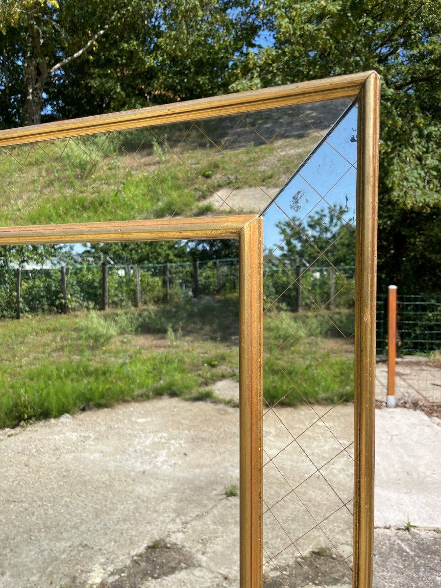 Miroir vintage  avec parcloses et motifs 1950-60 en bois doré et verre en bon état . -photo-6