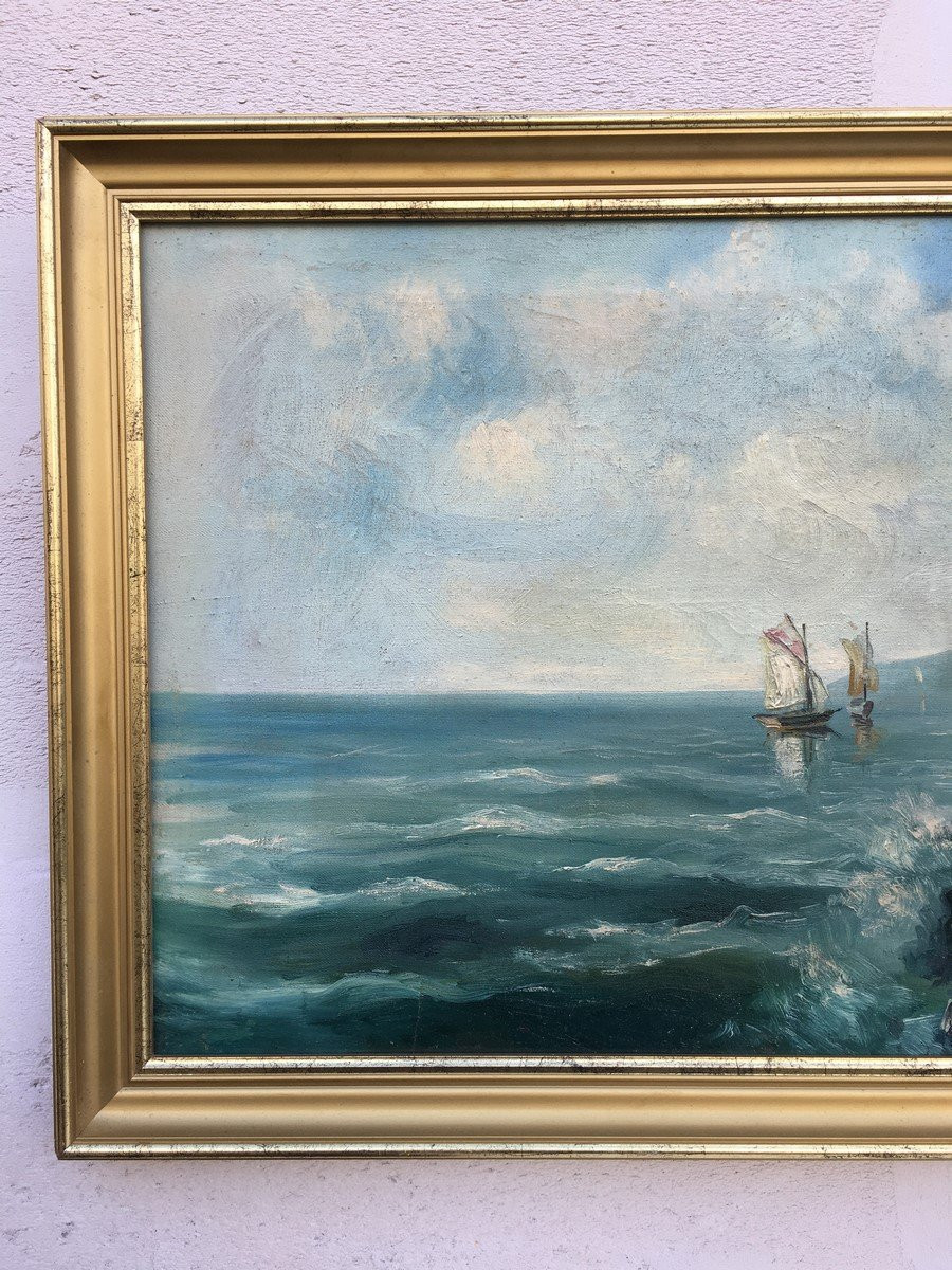 Charles Chenet 1899 - 1978 _ Huile Sur Toile Signée " Les bateaux reviennent"-photo-3
