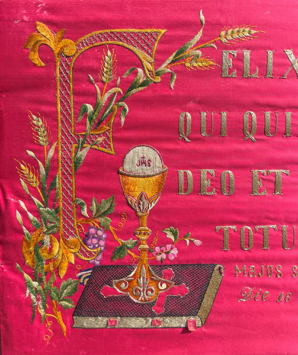 2 Embroidered Paintings & Frames With Catholic Motifs And Words In 1932, 99x74 Cm-photo-4