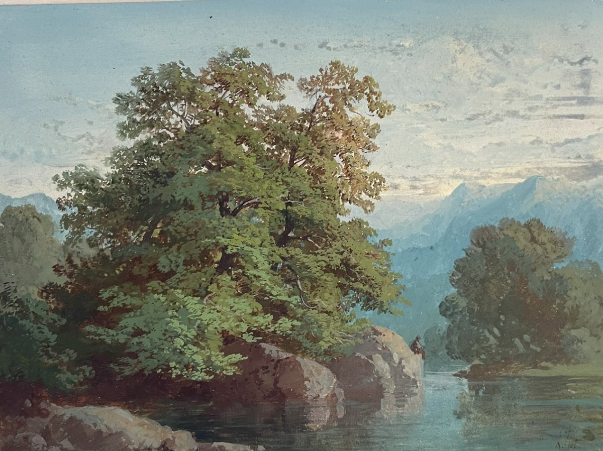 Antoine Antony Viot (1817-1866) - Gouache Sur Papier " Paysage de montagne " -photo-1