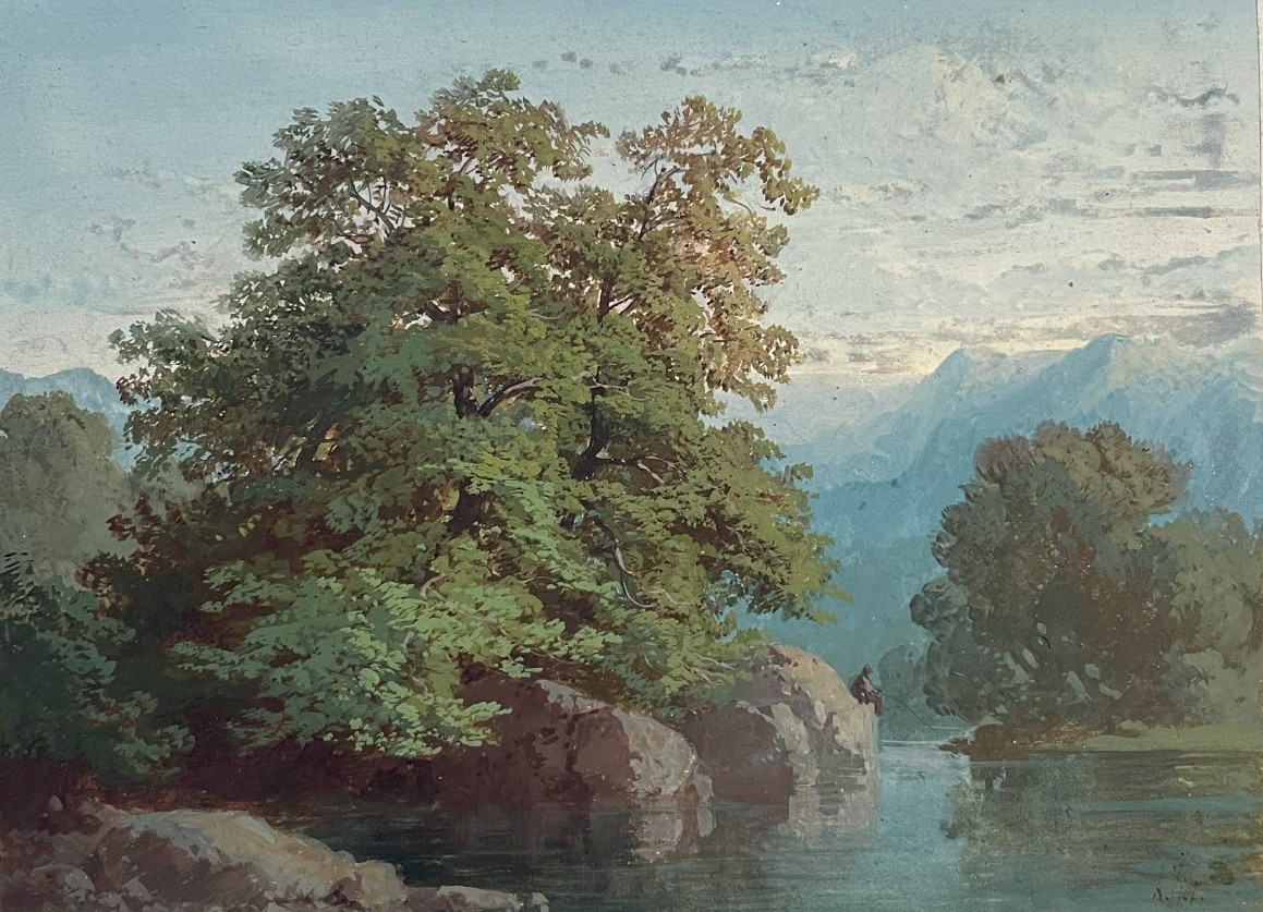 Antoine Antony Viot (1817-1866) - Gouache Sur Papier " Paysage de montagne " 