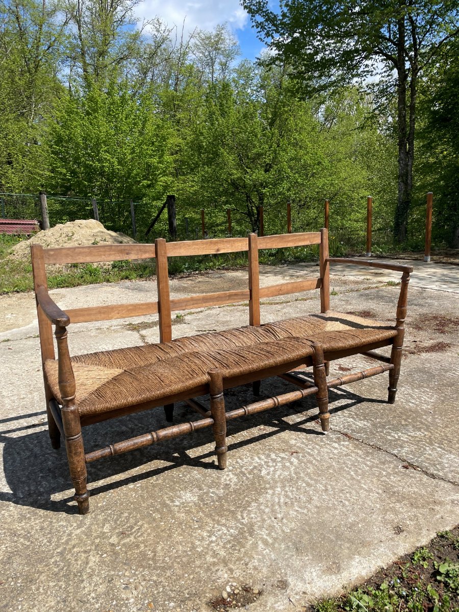 Radassier Banquette Provençal 3 places paillé en bois du 19ème un peu usée-photo-2