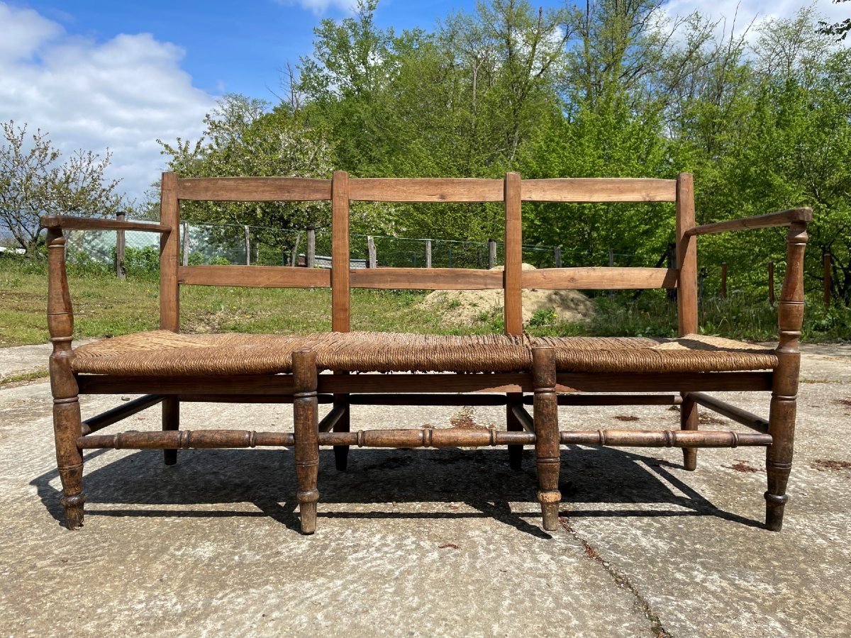 Radassier Banquette Provençal 3 places paillé en bois du 19ème un peu usée-photo-3