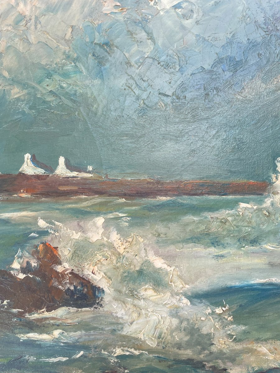 Oil On Canvas By Marcel Durans 1918 - 1987 "sea Of Brittany In 1963"-photo-2