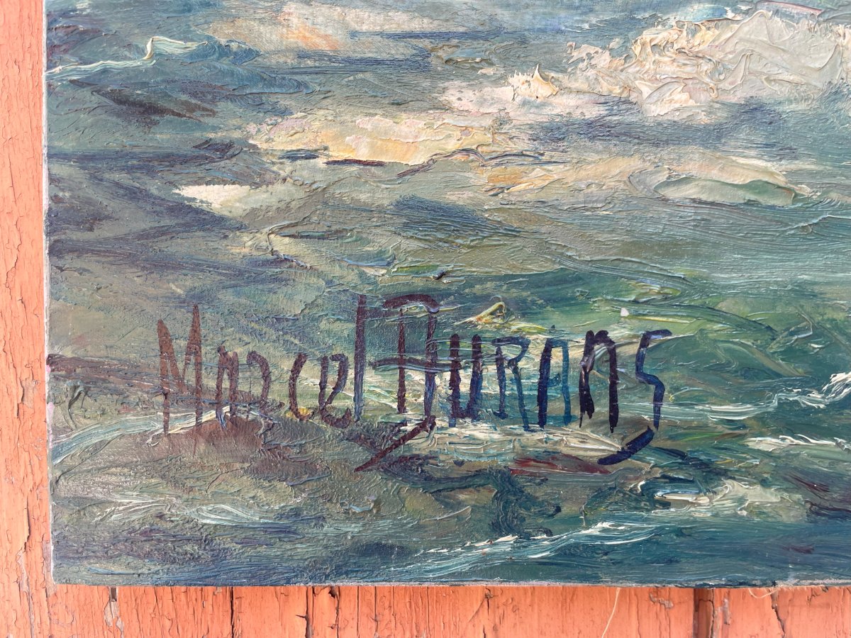 Oil On Canvas By Marcel Durans 1918 - 1987 "sea Of Brittany In 1963"-photo-3