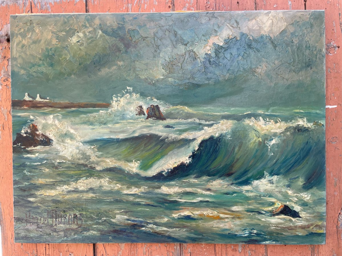 Oil On Canvas By Marcel Durans 1918 - 1987 "sea Of Brittany In 1963"-photo-1