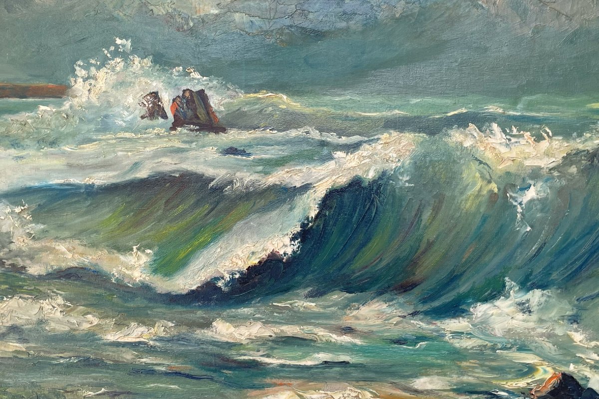 Oil On Canvas By Marcel Durans 1918 - 1987 "sea Of Brittany In 1963"-photo-2