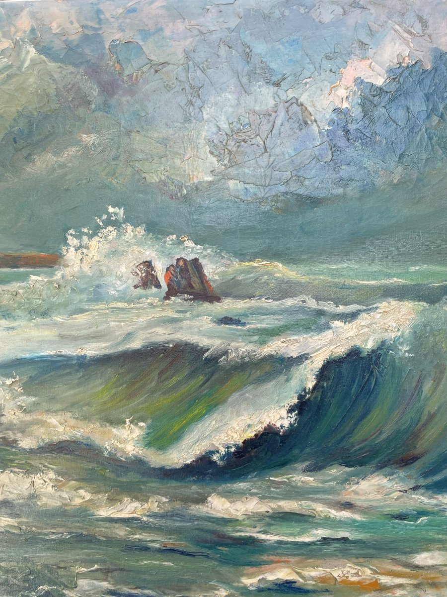 Oil On Canvas By Marcel Durans 1918 - 1987 "sea Of Brittany In 1963"-photo-3