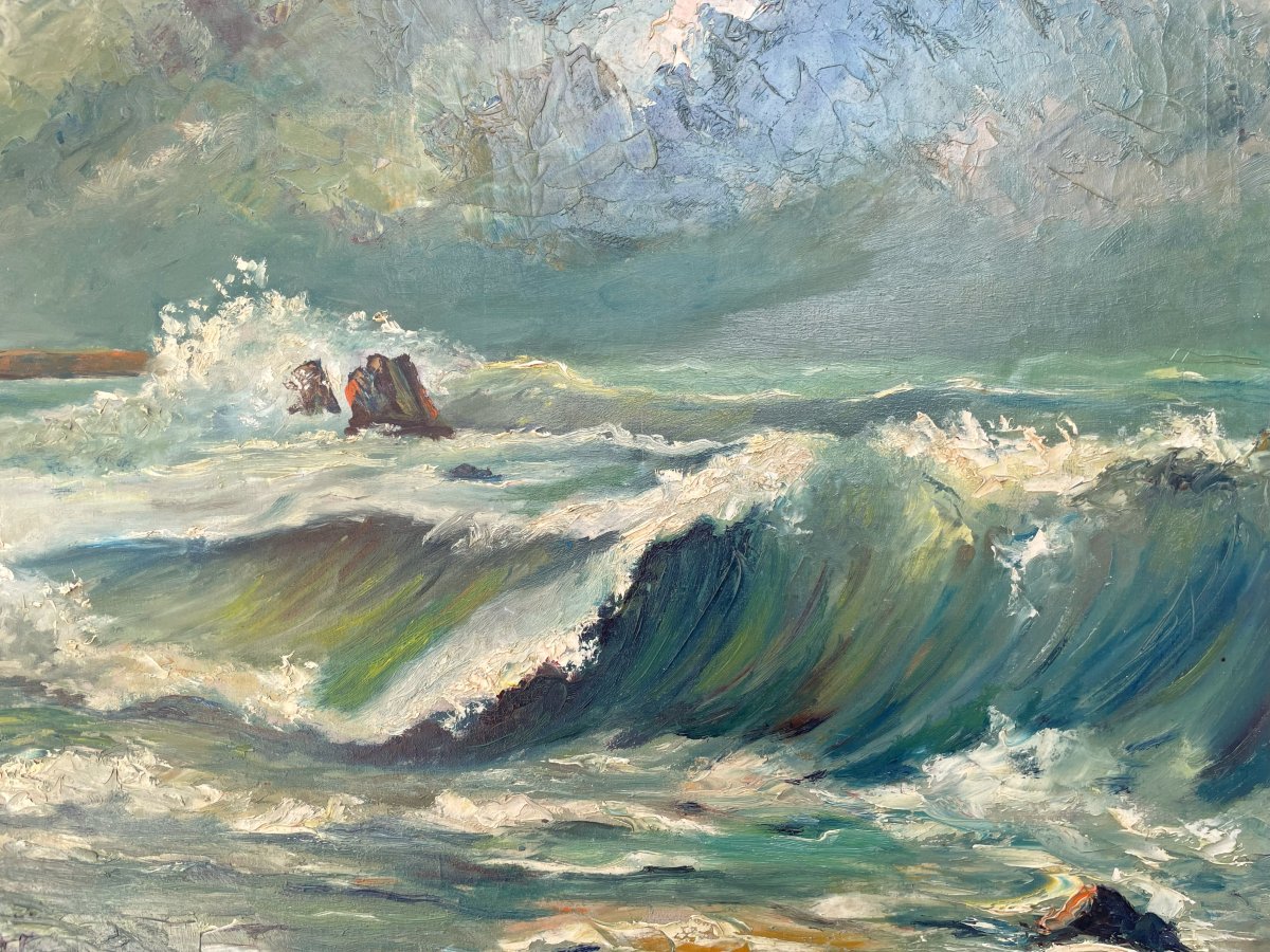 Oil On Canvas By Marcel Durans 1918 - 1987 "sea Of Brittany In 1963"-photo-4
