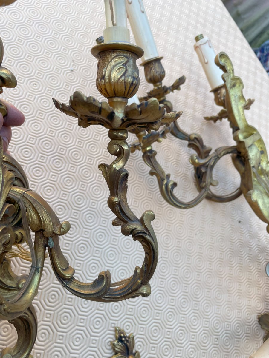 4 Appliques en bronze à 3 branches bon état style Louis XV-photo-8