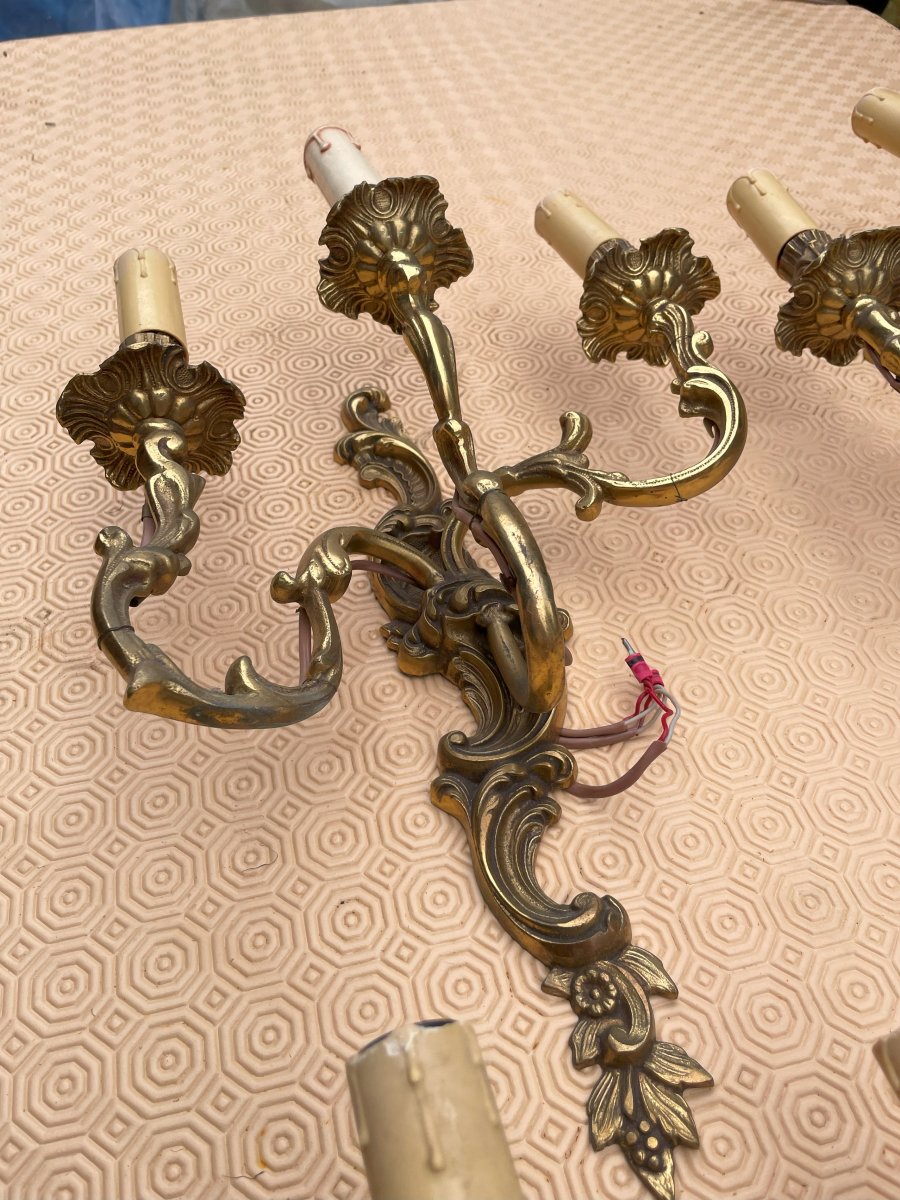 4 Bronze 3-branch Wall Lights In Good Condition, Louis XV Style-photo-2
