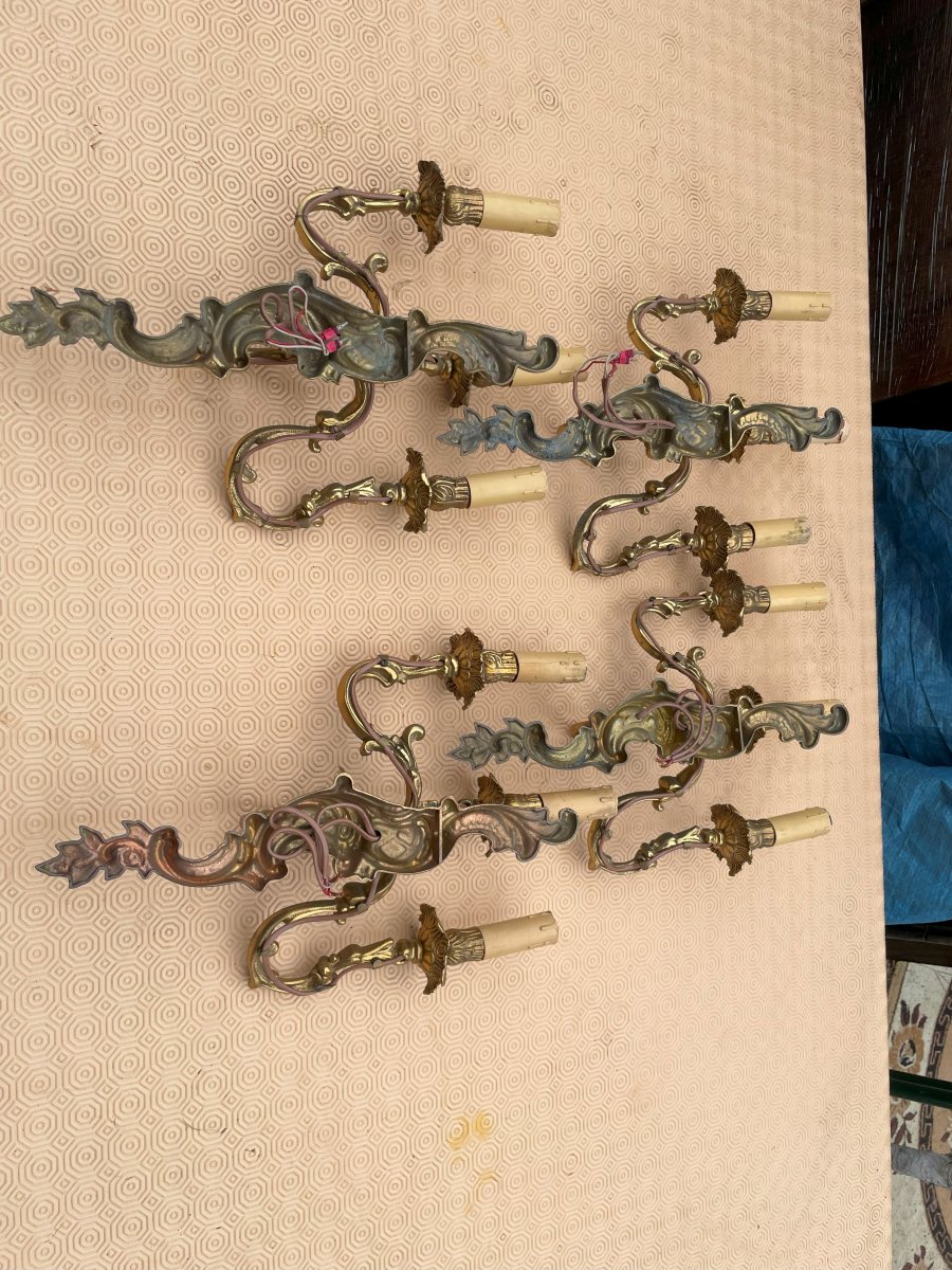4 Bronze 3-branch Wall Lights In Good Condition, Louis XV Style-photo-3