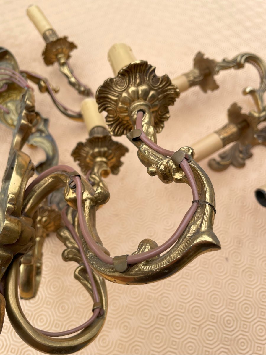 4 Bronze 3-branch Wall Lights In Good Condition, Louis XV Style-photo-6