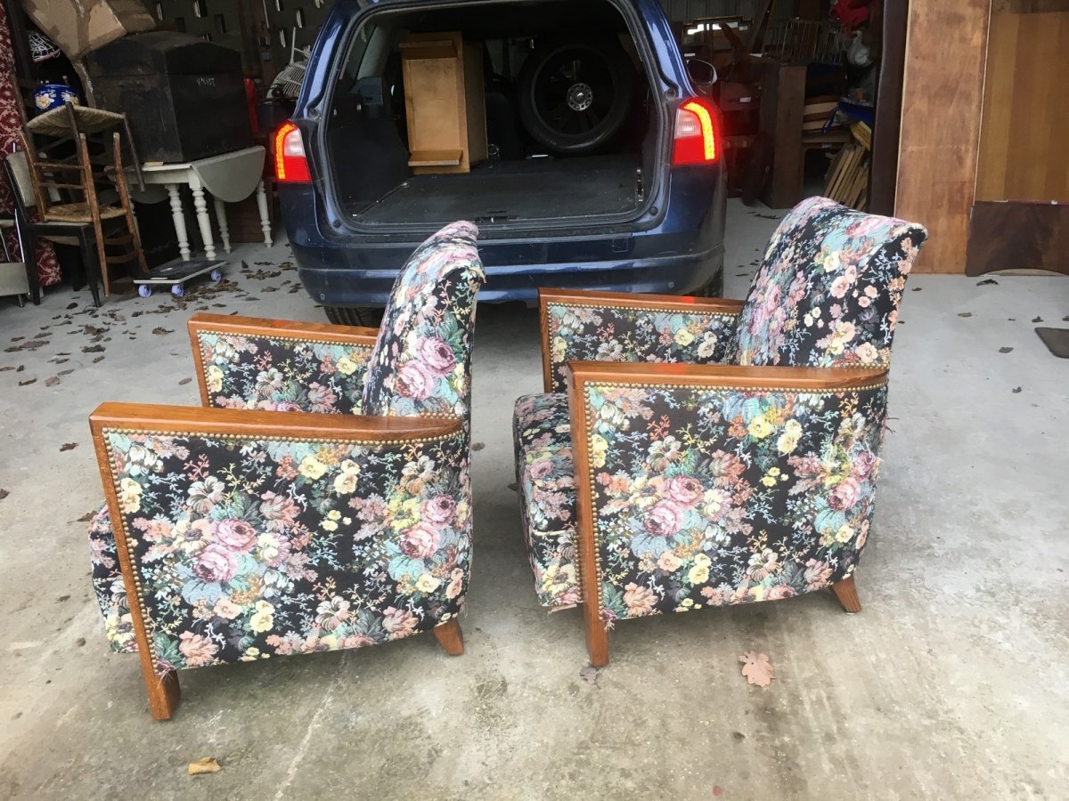 2 Art Deco Armchairs In Wood And Fabric-photo-1