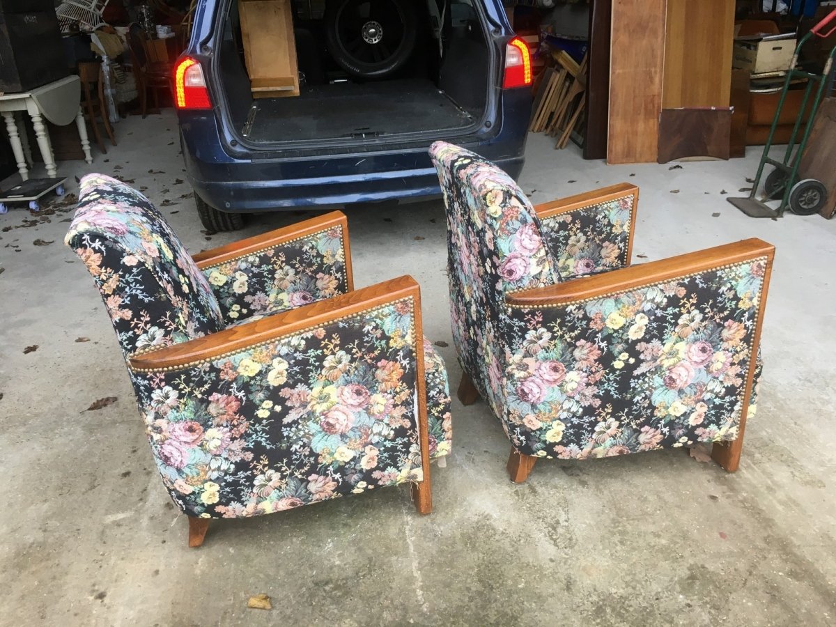 2 Art Deco Armchairs In Wood And Fabric-photo-3