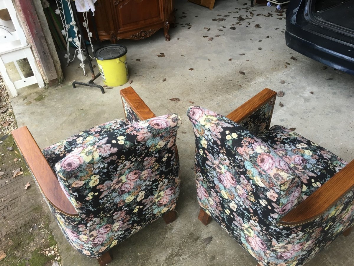2 Art Deco Armchairs In Wood And Fabric-photo-4