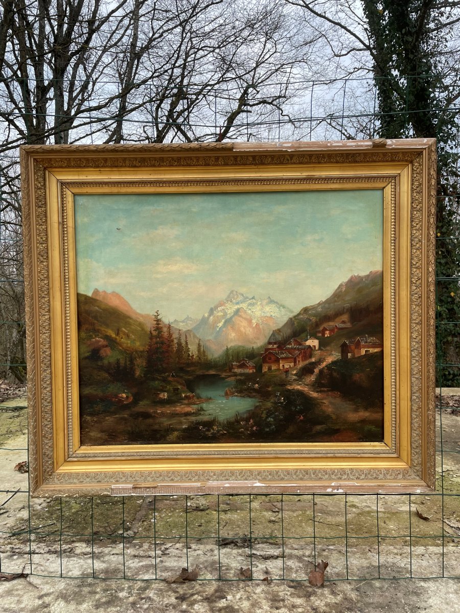 Vieux tableau " paysage de montagne " Huile sur toile et beau - 73x60cm-photo-2