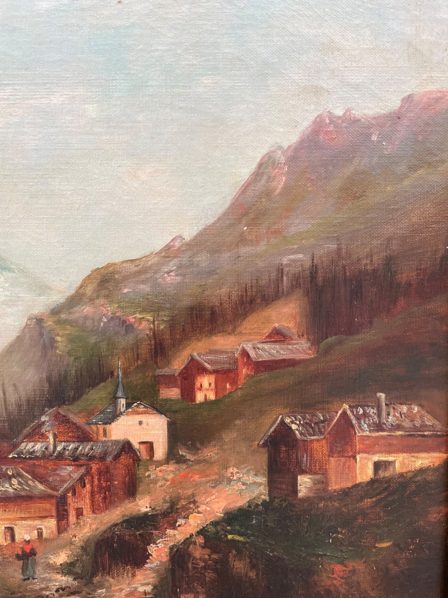 Vieux tableau " paysage de montagne " Huile sur toile et beau - 73x60cm-photo-2