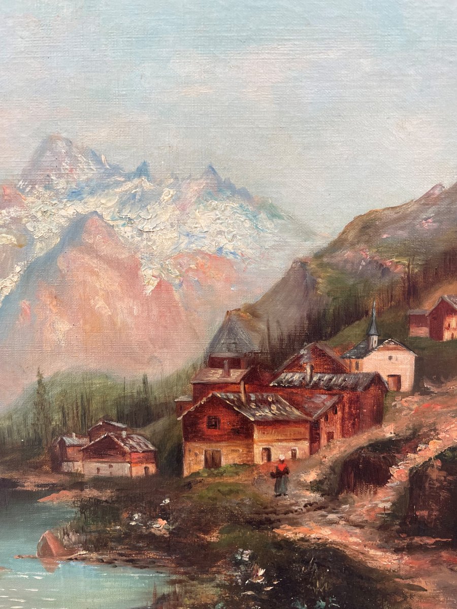 Vieux tableau " paysage de montagne " Huile sur toile et beau - 73x60cm-photo-3
