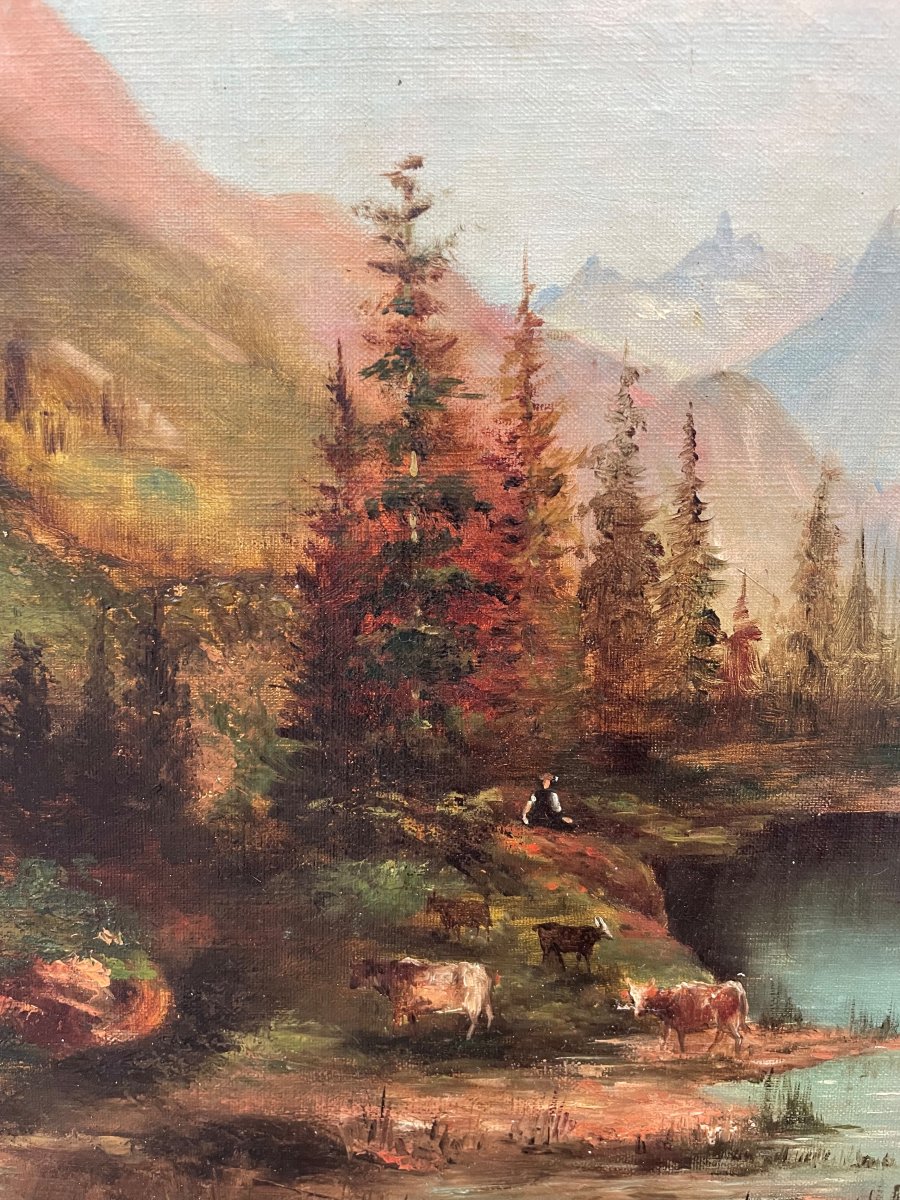 Vieux tableau " paysage de montagne " Huile sur toile et beau - 73x60cm-photo-4