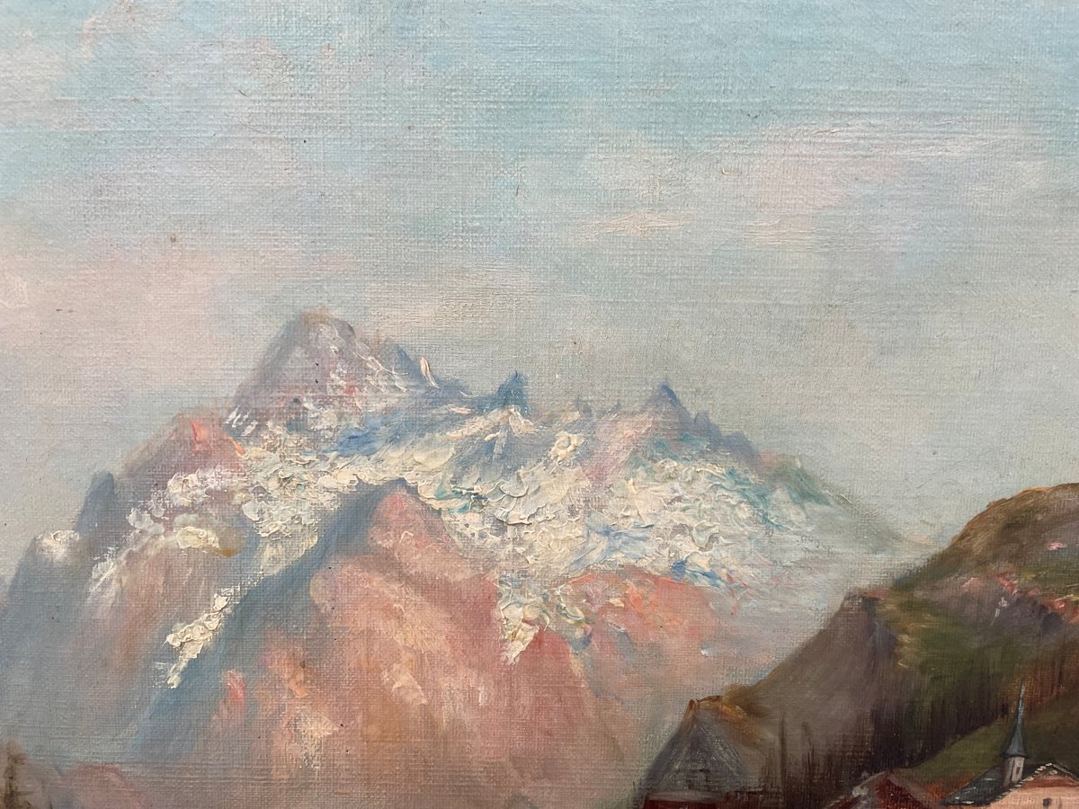Vieux tableau " paysage de montagne " Huile sur toile et beau - 73x60cm-photo-5