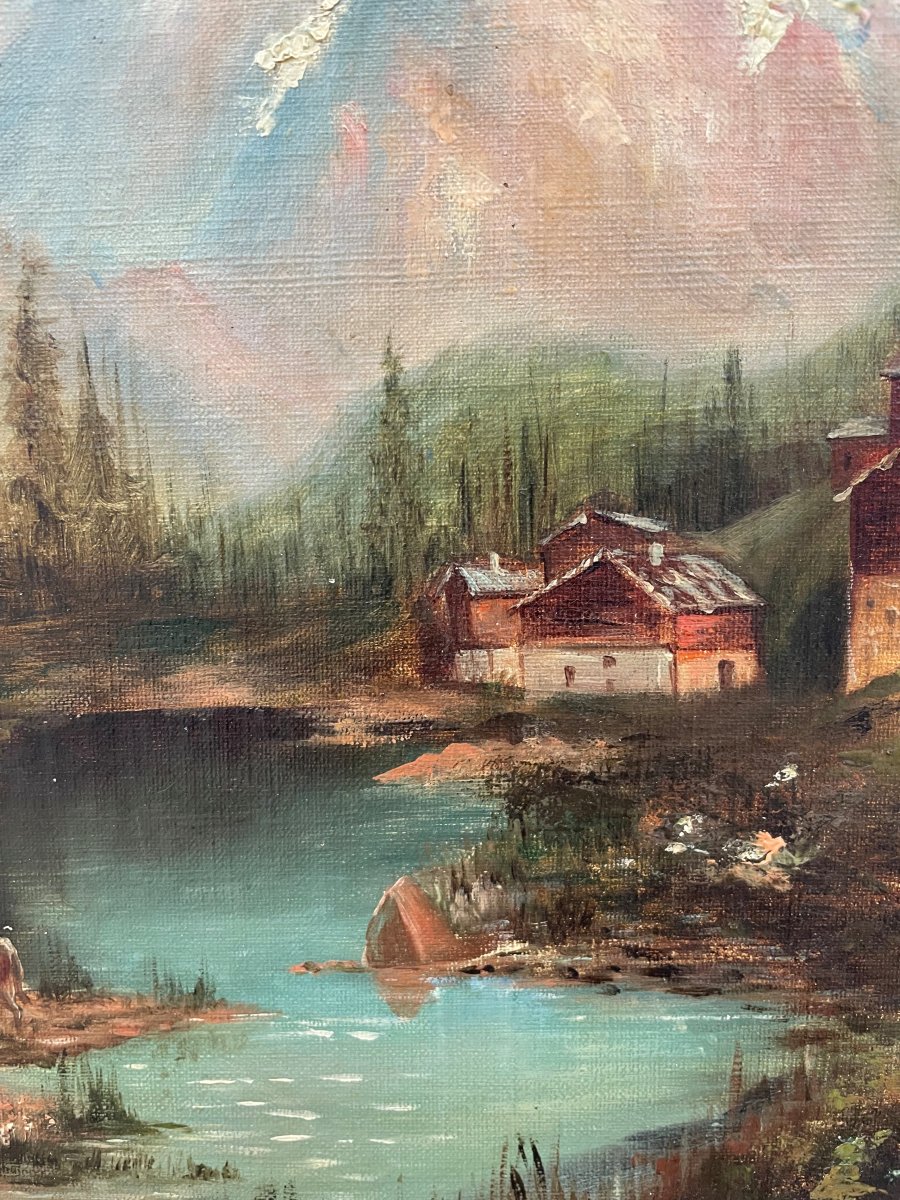 Vieux tableau " paysage de montagne " Huile sur toile et beau - 73x60cm-photo-6