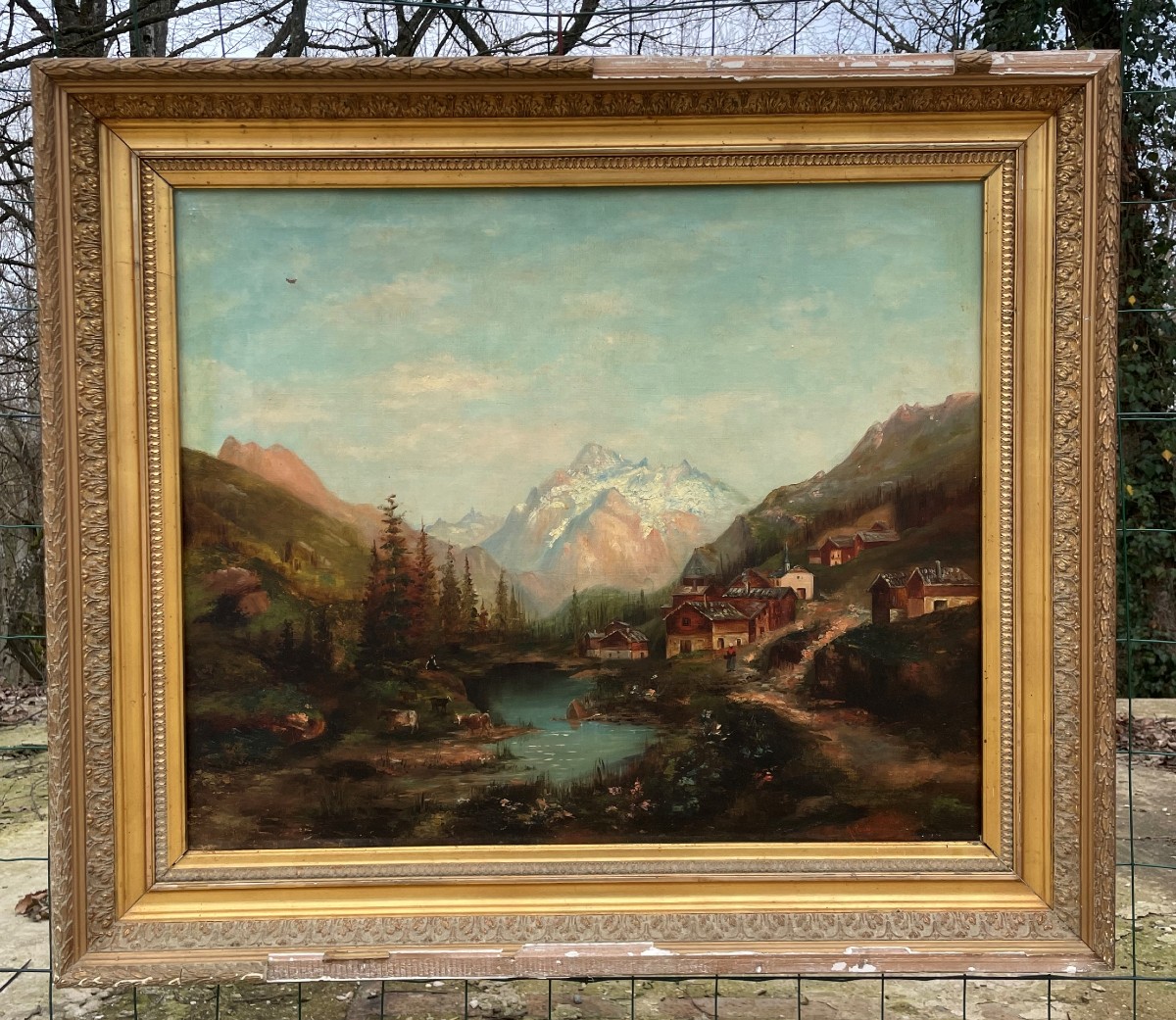 Vieux tableau " paysage de montagne " Huile sur toile et beau - 73x60cm-photo-1