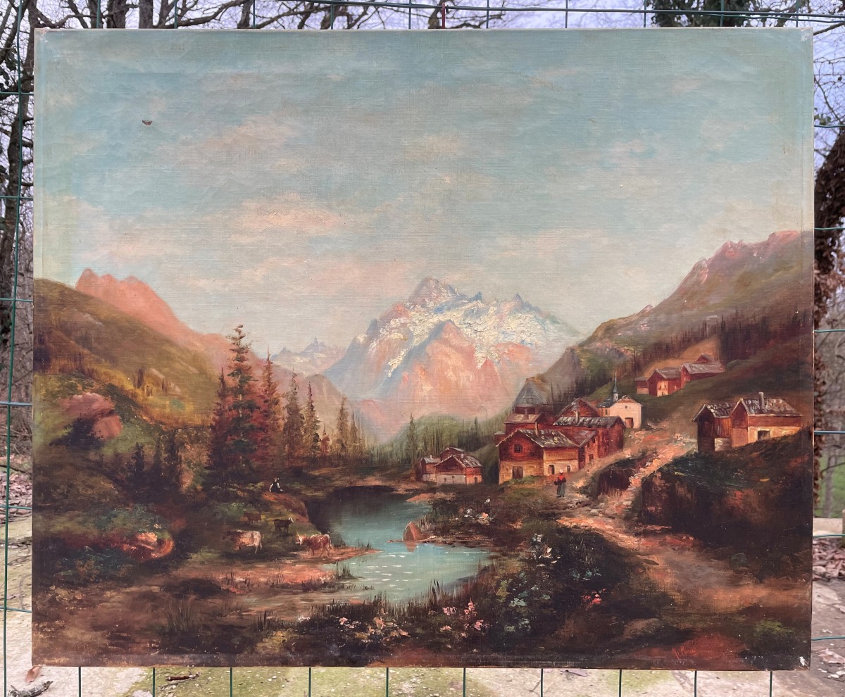Vieux tableau " paysage de montagne " Huile sur toile et beau - 73x60cm-photo-7