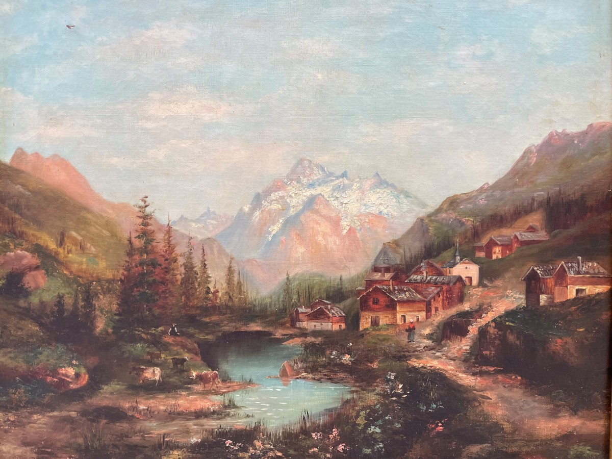 Vieux tableau " paysage de montagne " Huile sur toile et beau - 73x60cm