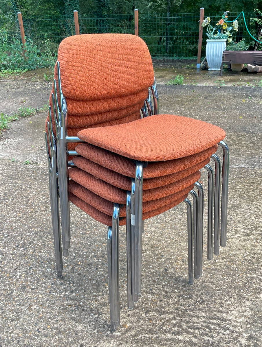 6 Vintage 1950-60 Metal And Fabric Chairs Eurosit