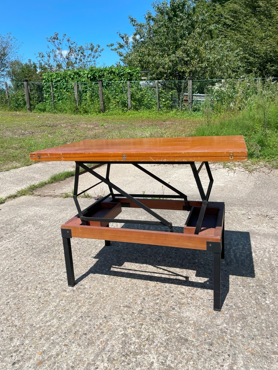 Low And High Table Called Telescopic In Wrought Iron And Wood 1950-photo-2