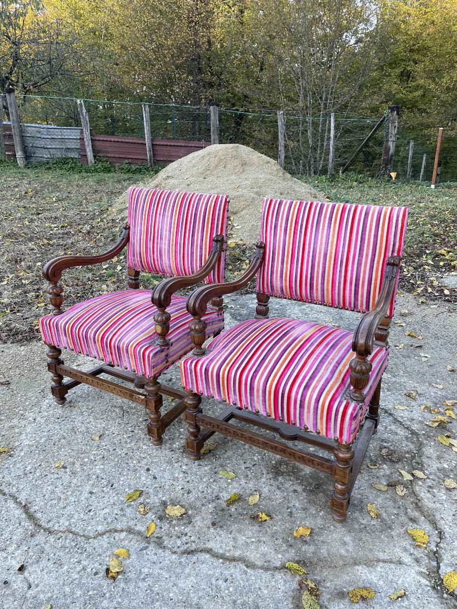 2 Late 19th Century Style Armchairs In Solid Walnut-photo-2