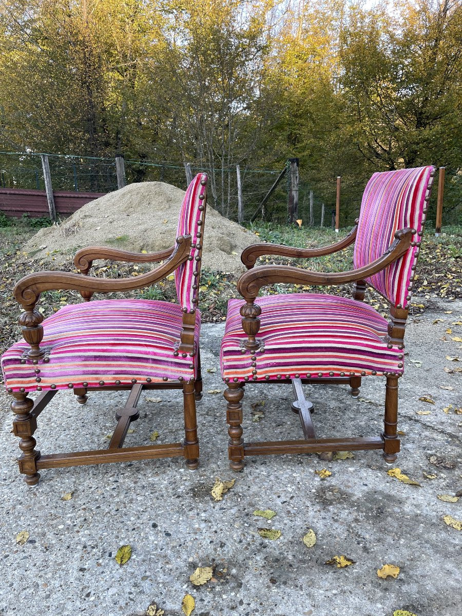2 Late 19th Century Style Armchairs In Solid Walnut-photo-3