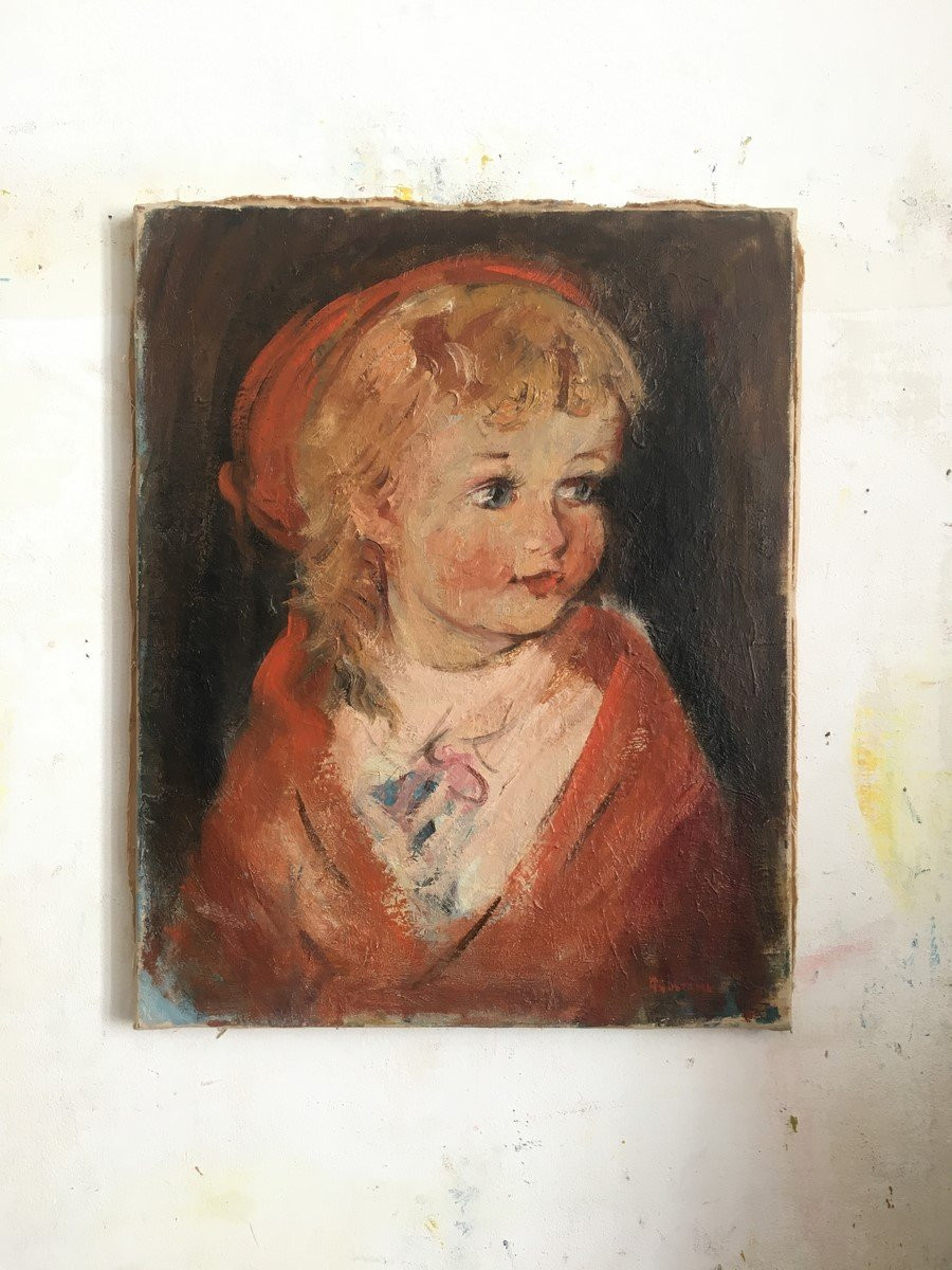Painting By Agostini _ Oil On Canvas "the Little Girl In Red" -photo-2