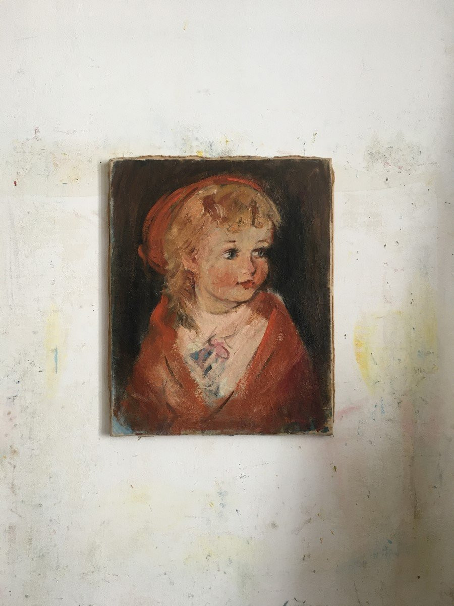 Painting By Agostini _ Oil On Canvas "the Little Girl In Red" -photo-1