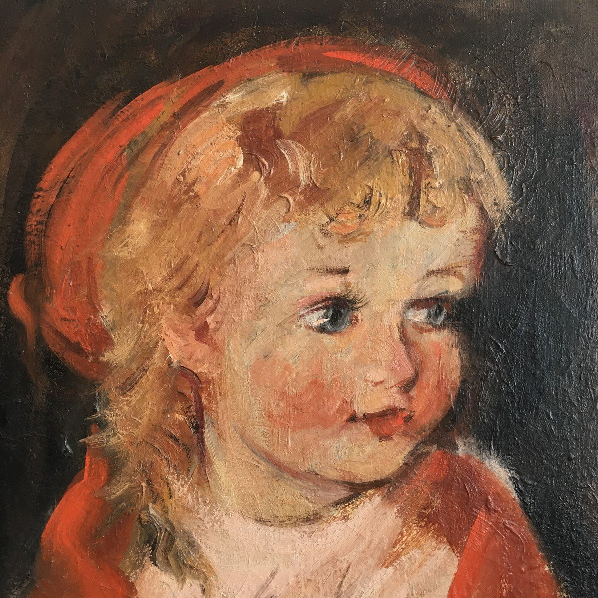 Painting By Agostini _ Oil On Canvas "the Little Girl In Red" -photo-3