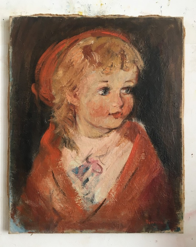 Painting By Agostini _ Oil On Canvas "the Little Girl In Red" 