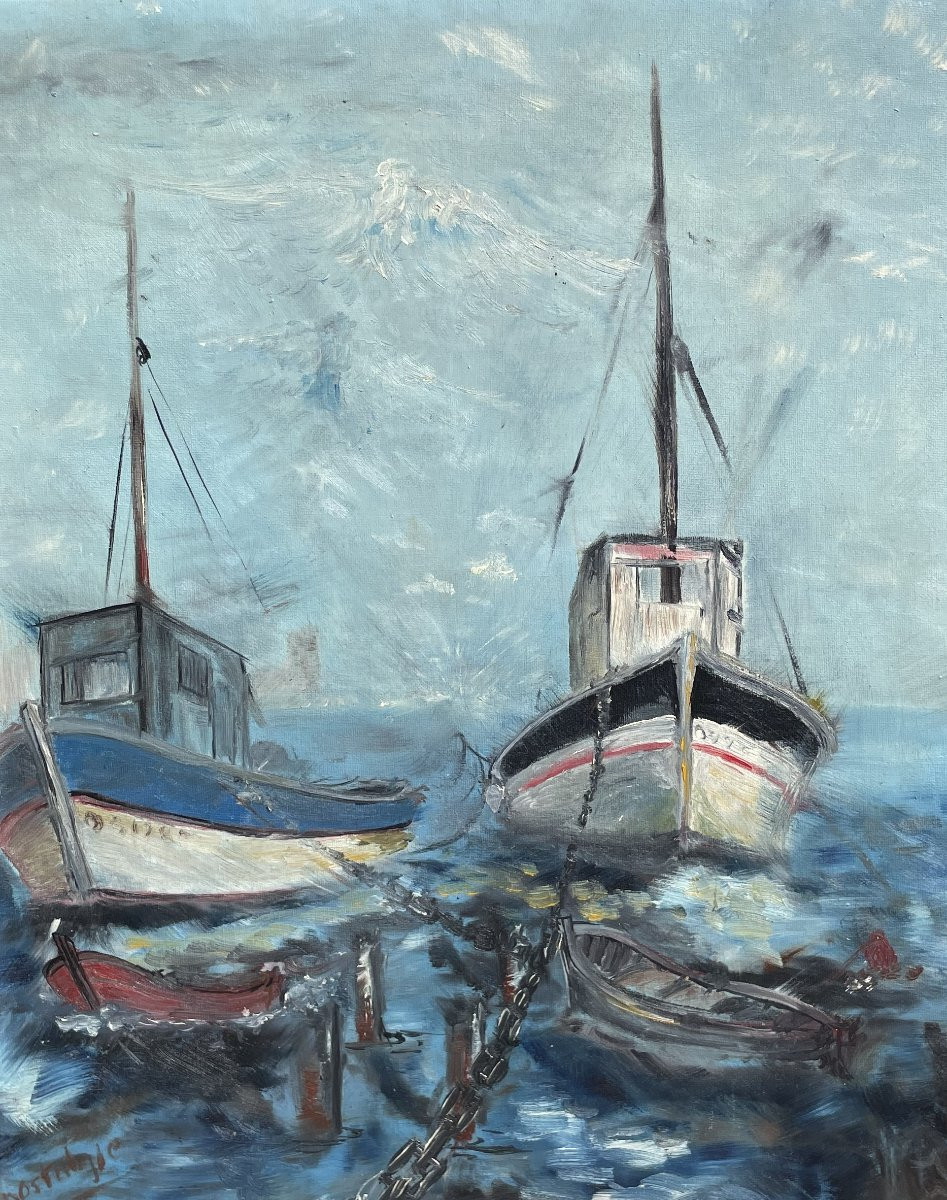 Oil Painting On Canvas "the 2 Boats" Nostalgia -photo-2