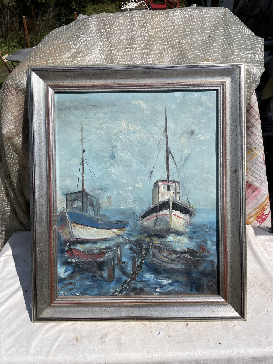Oil Painting On Canvas "the 2 Boats" Nostalgia -photo-5