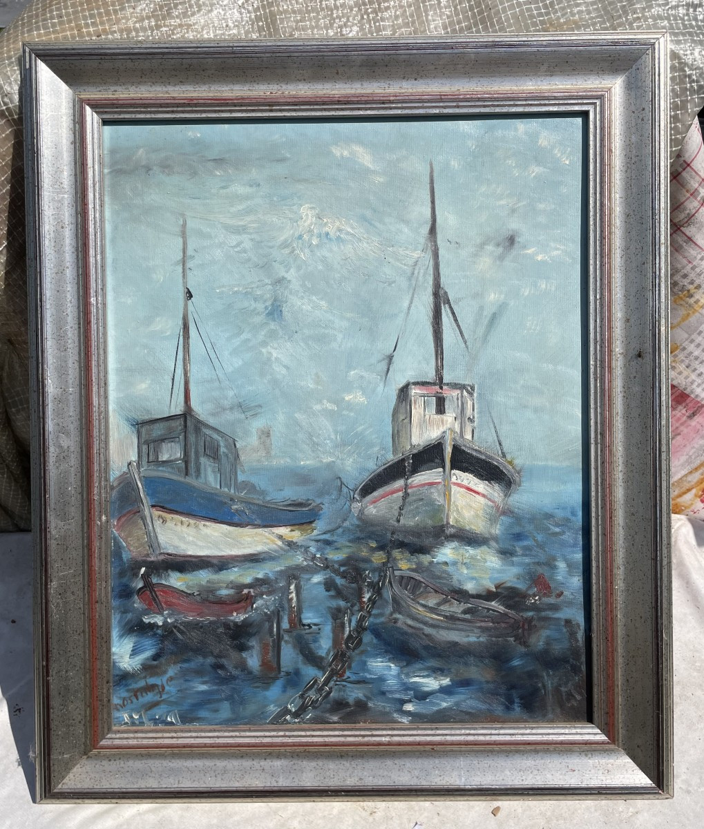 Oil Painting On Canvas "the 2 Boats" Nostalgia 