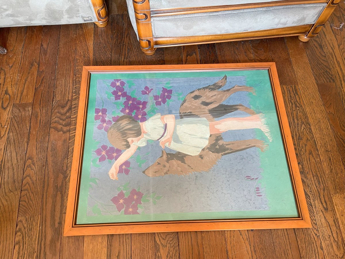 Painting By J. Reculon "young Girl And The Dog"-photo-2