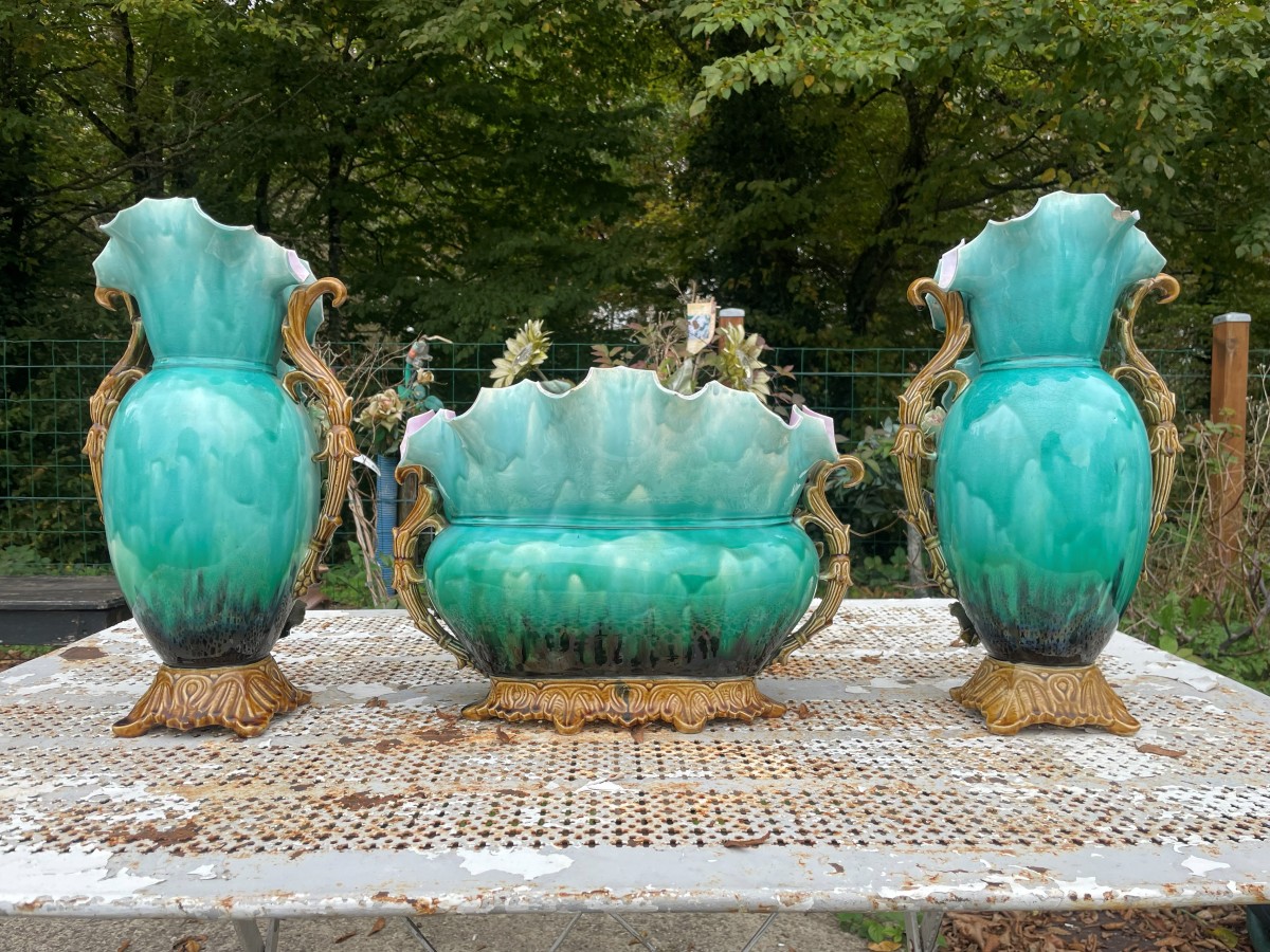 2 Vases et 1 Jardinière en barbotine -photo-3