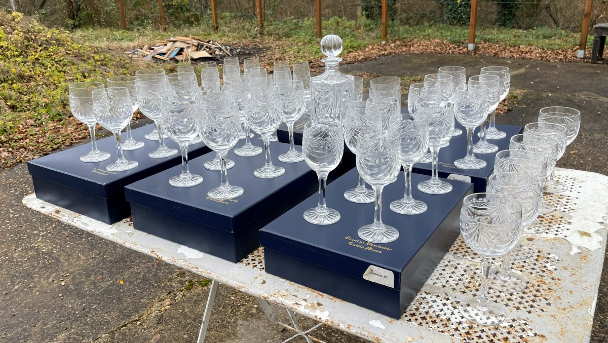 48 Pure Crystal Glasses, Chenonceau Pattern, And A Whisky Service With Its Decanter. 