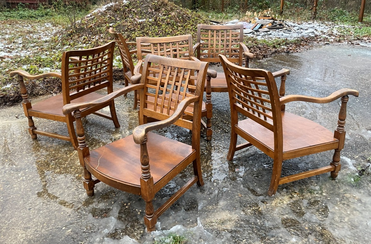 6 Fauteuils bas VINTAGE 1950-60 à re garnir avec mousses & votre tissu au choix.